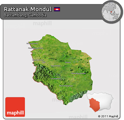 Satellite 3D Map of Rattanak Mondul, cropped outside