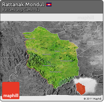 Satellite 3D Map of Rattanak Mondul, desaturated