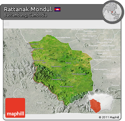 Satellite 3D Map of Rattanak Mondul, lighten, semi-desaturated