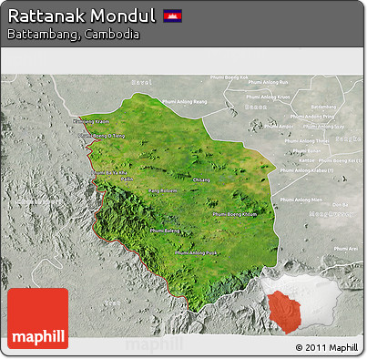 Satellite 3D Map of Rattanak Mondul, lighten, semi-desaturated