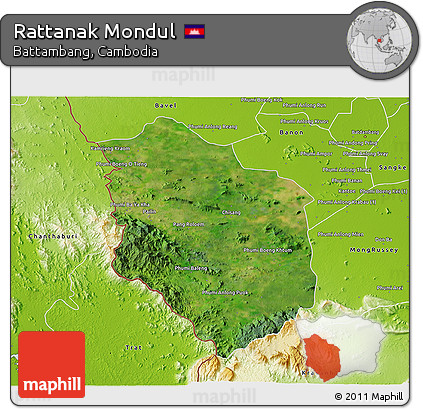 Satellite 3D Map of Rattanak Mondul, physical outside