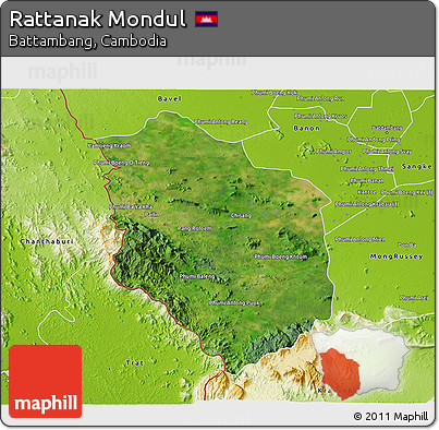 Satellite 3D Map of Rattanak Mondul, physical outside