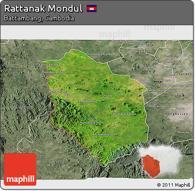 Satellite 3D Map of Rattanak Mondul, semi-desaturated