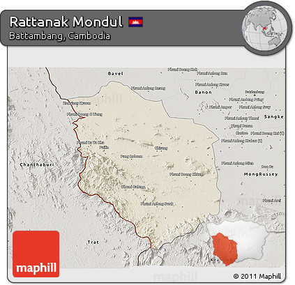 Shaded Relief 3D Map of Rattanak Mondul, semi-desaturated
