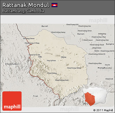 Shaded Relief 3D Map of Rattanak Mondul, semi-desaturated