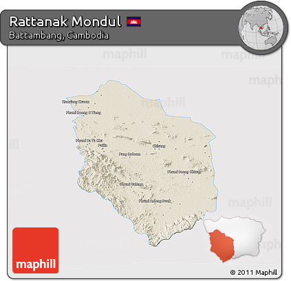 Shaded Relief 3D Map of Rattanak Mondul, single color outside