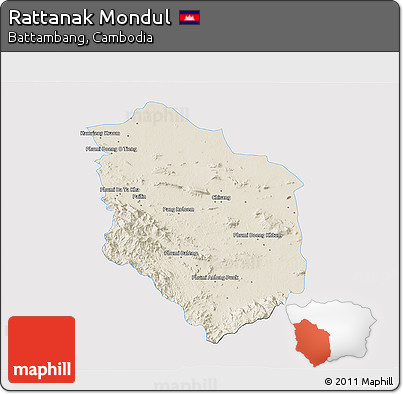 Shaded Relief 3D Map of Rattanak Mondul, single color outside