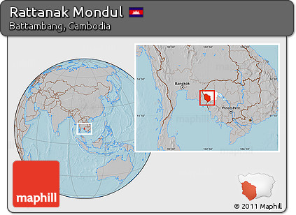 Gray Location Map of Rattanak Mondul, highlighted parent region, hill shading
