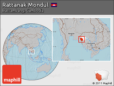 Gray Location Map of Rattanak Mondul, highlighted parent region, hill shading