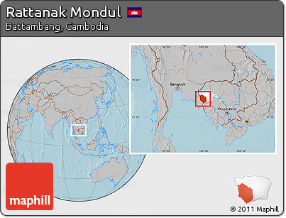 Gray Location Map of Rattanak Mondul, highlighted parent region, hill shading