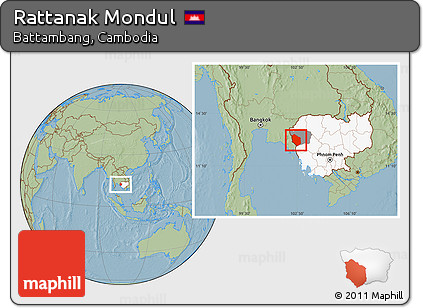 Savanna Style Location Map of Rattanak Mondul, highlighted country, highlighted parent region, hill shading