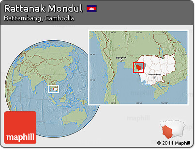 Savanna Style Location Map of Rattanak Mondul, highlighted country, highlighted parent region, hill shading