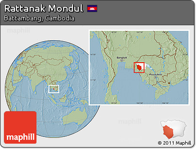 Savanna Style Location Map of Rattanak Mondul, highlighted parent region, hill shading