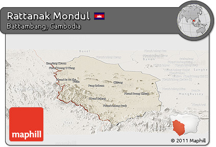 Shaded Relief Panoramic Map of Rattanak Mondul, lighten