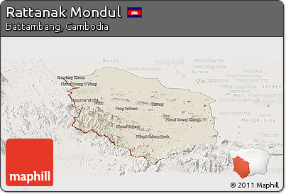 Shaded Relief Panoramic Map of Rattanak Mondul, lighten