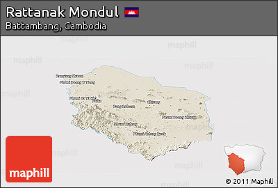 Shaded Relief Panoramic Map of Rattanak Mondul, single color outside