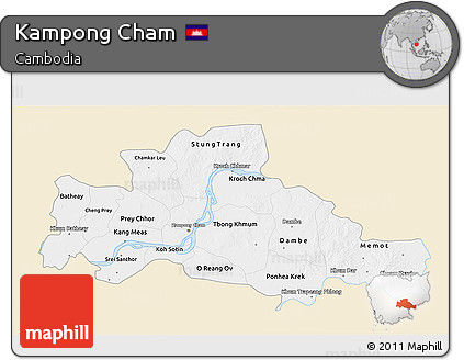 Classic Style 3D Map of Kampong Cham, single color outside
