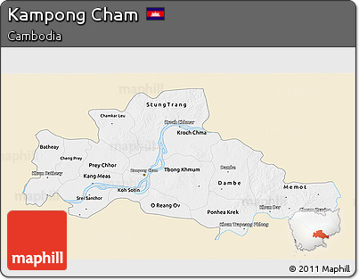 Classic Style 3D Map of Kampong Cham, single color outside