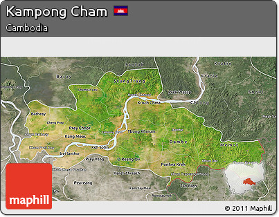 Satellite 3D Map of Kampong Cham, semi-desaturated