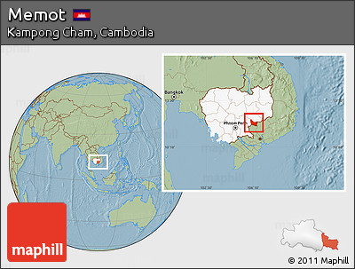 Savanna Style Location Map of Memot, highlighted country, hill shading