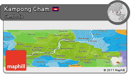 Physical Panoramic Map of Kampong Cham, political shades outside