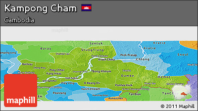 Physical Panoramic Map of Kampong Cham, political shades outside