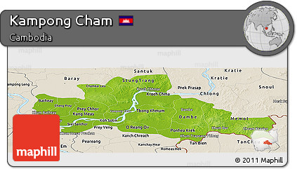 Physical Panoramic Map of Kampong Cham, shaded relief outside