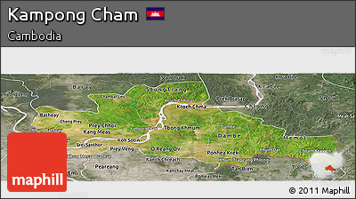 Satellite Panoramic Map of Kampong Cham, semi-desaturated