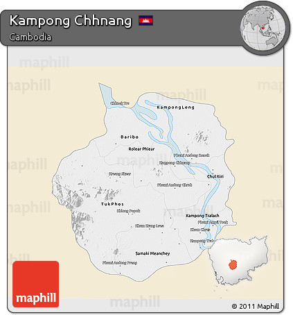 Classic Style 3D Map of Kampong Chhnang, single color outside