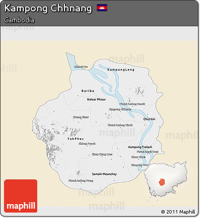 Classic Style 3D Map of Kampong Chhnang, single color outside