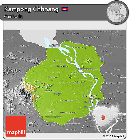 Physical 3D Map of Kampong Chhnang, desaturated