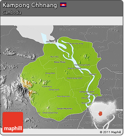 Physical 3D Map of Kampong Chhnang, desaturated