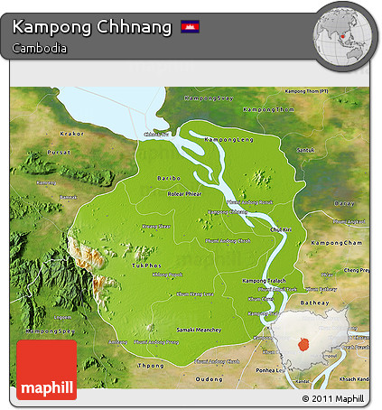 Physical 3D Map of Kampong Chhnang, satellite outside