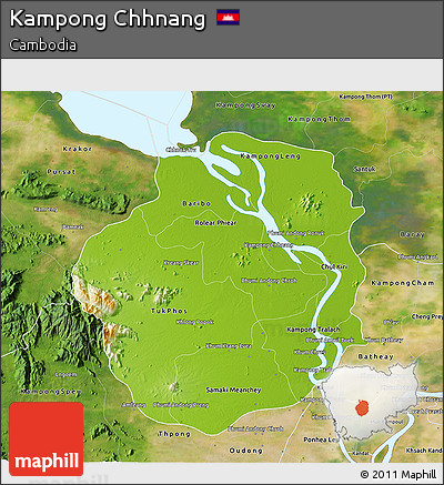 Physical 3D Map of Kampong Chhnang, satellite outside