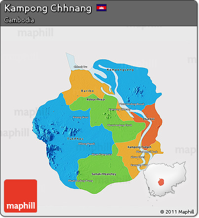 Political 3D Map of Kampong Chhnang, single color outside