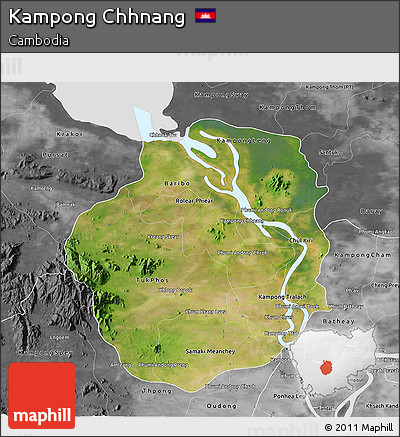 Satellite 3D Map of Kampong Chhnang, desaturated
