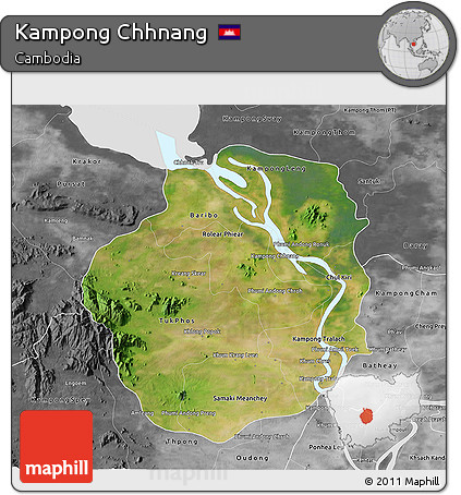 Satellite 3D Map of Kampong Chhnang, desaturated