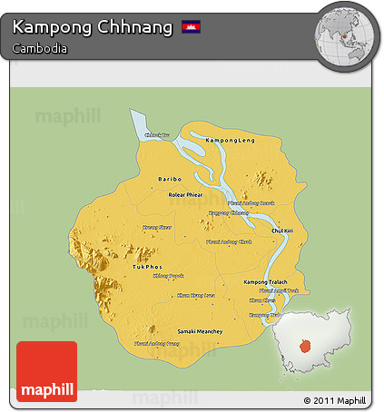 Savanna Style 3D Map of Kampong Chhnang, single color outside