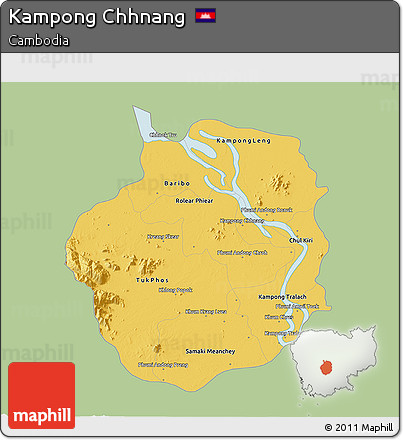 Savanna Style 3D Map of Kampong Chhnang, single color outside