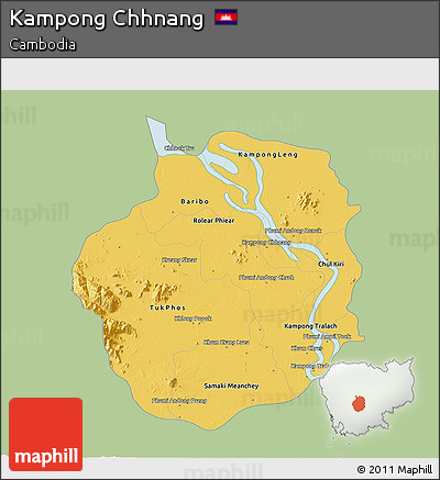 Savanna Style 3D Map of Kampong Chhnang, single color outside