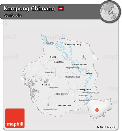 Silver Style 3D Map of Kampong Chhnang, single color outside