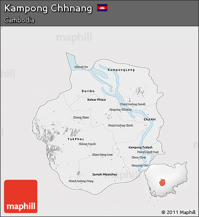 Silver Style 3D Map of Kampong Chhnang, single color outside