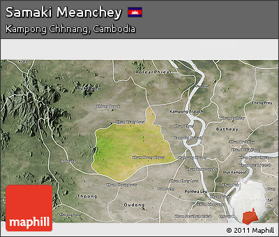 Satellite 3D Map of Samaki Meanchey, semi-desaturated