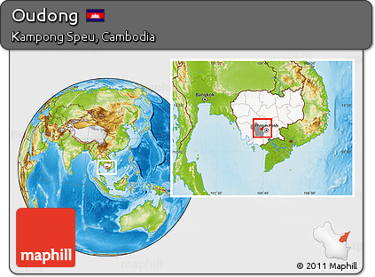Physical Location Map of Oudong, highlighted country, highlighted parent region
