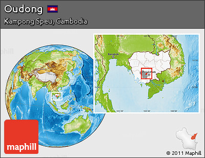 Physical Location Map of Oudong, highlighted country, highlighted parent region