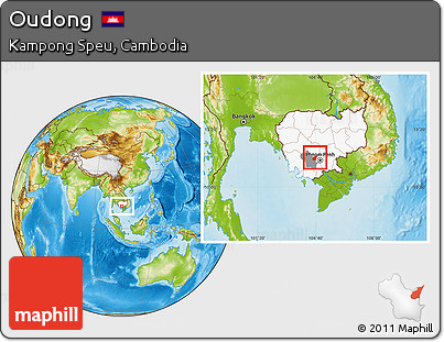 Physical Location Map of Oudong, highlighted country, highlighted parent region
