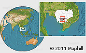 Satellite Location Map of Oudong, highlighted country, highlighted parent region