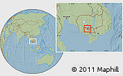 Savanna Style Location Map of Oudong, within the entire country, hill shading