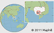 Savanna Style Location Map of Oudong, highlighted country, highlighted parent region, within the entire country