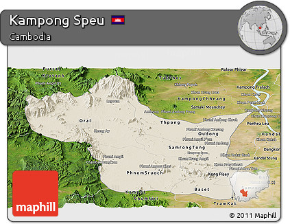Shaded Relief Panoramic Map of Kampong Speu, satellite outside